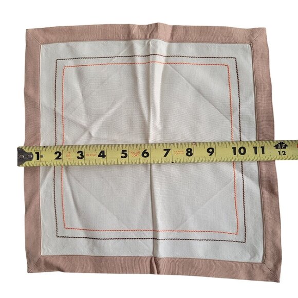 Vintage Luncheon Cocktail Napkins Cream with Brown Trim Orange and Brown Stitch - Picture 2 of 5